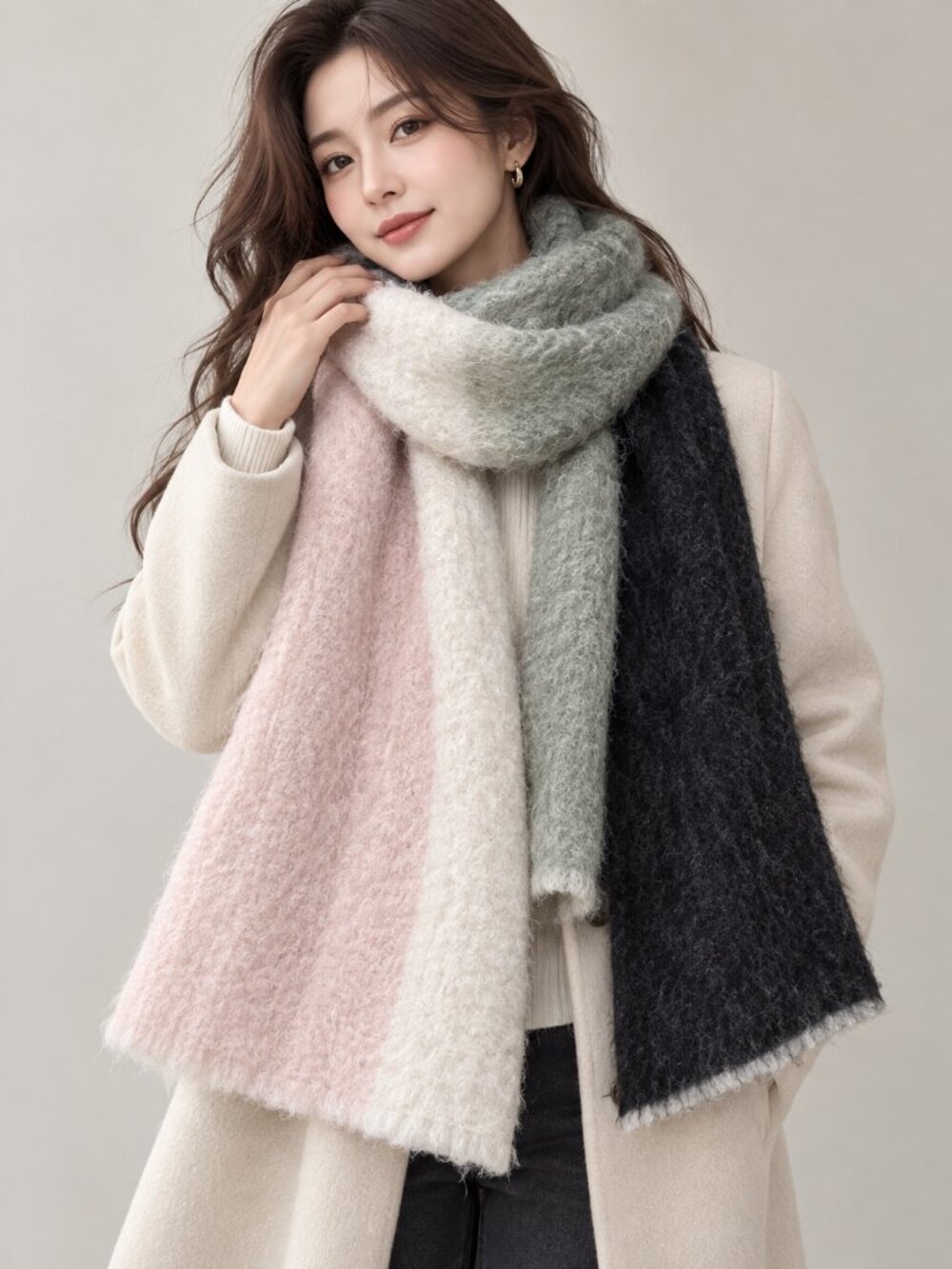 Kate Spade Women's OS Pink Gray Black Ivory Fuzzy Colorblock Scarf Preppy